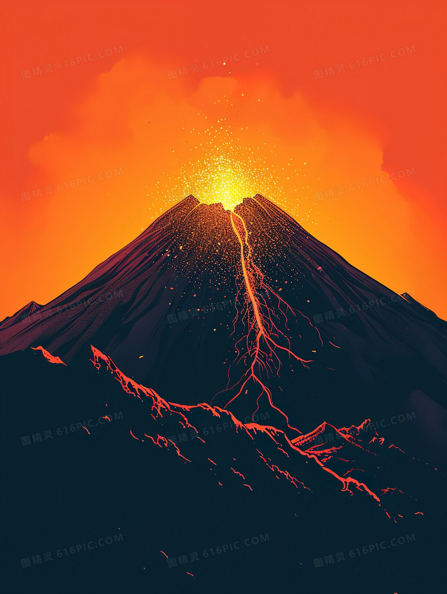 喷发红色岩浆的活火山插画