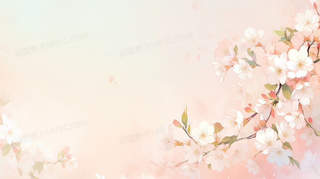 浅粉色渐变背景上的白色花朵装饰插画