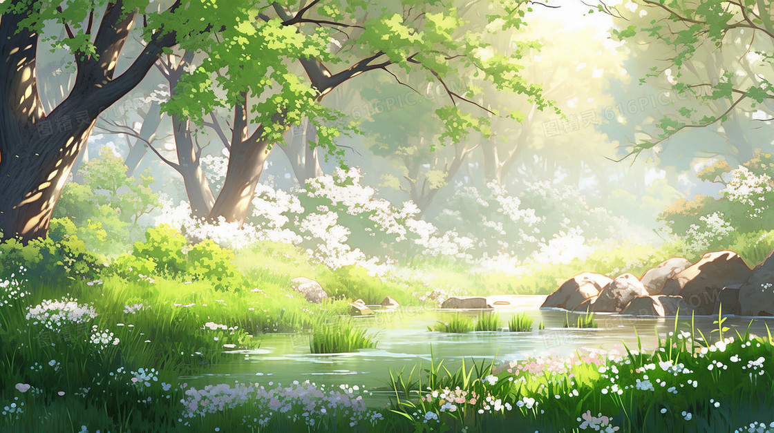 春天阳光下的山林场景插画