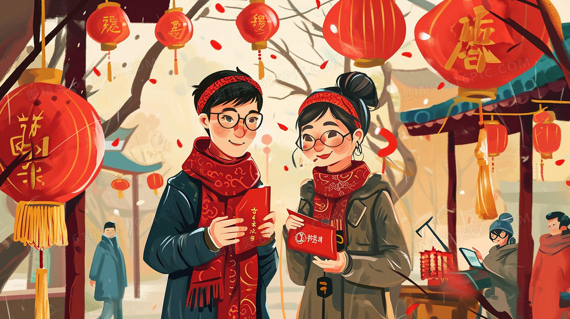 新年收红包的一对情侣插画
