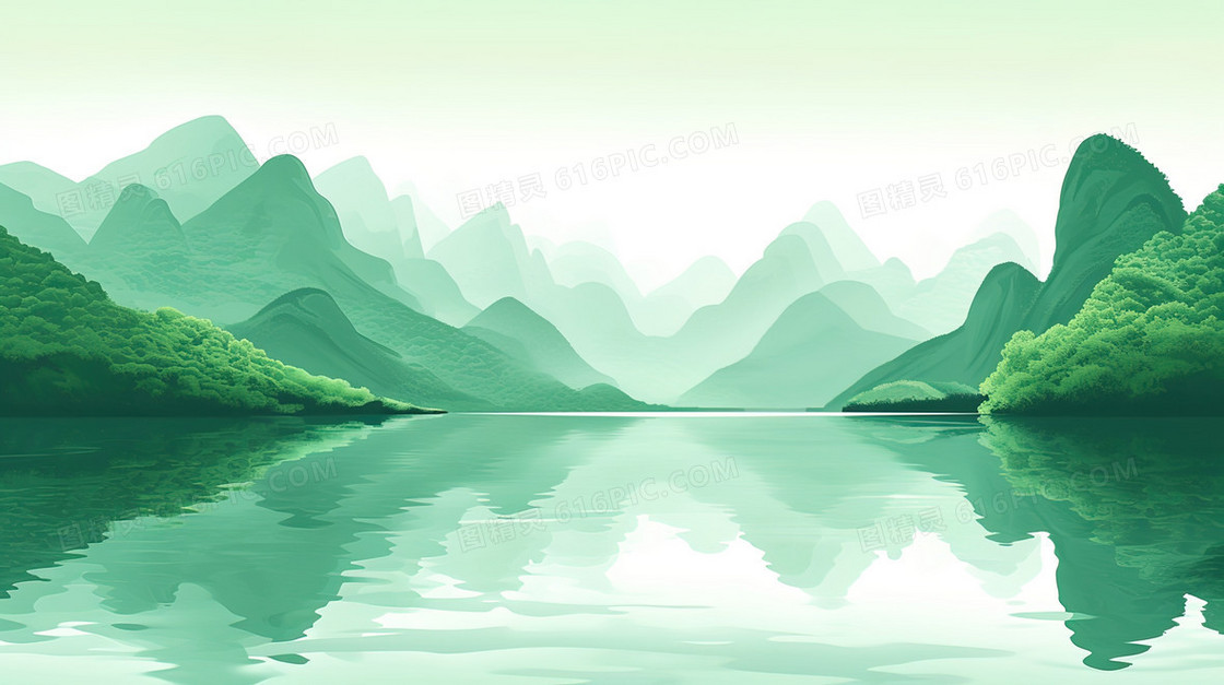 青山绿水自然山水插画