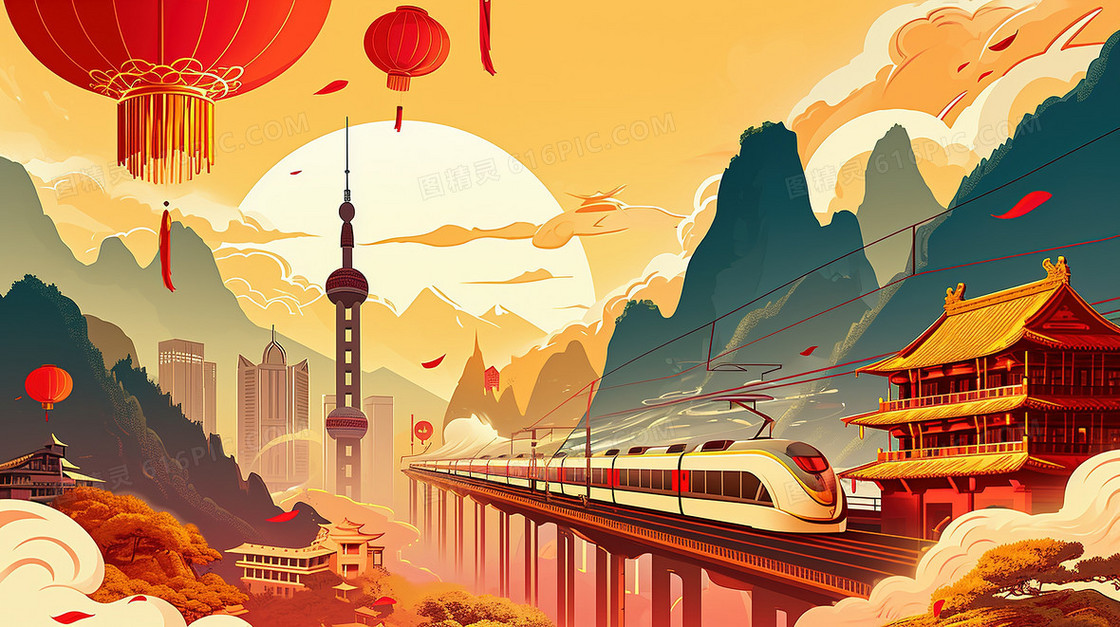 国潮春运铁路交通运输风景创意插画