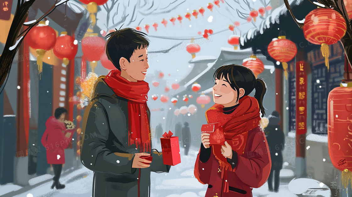 新年收红包的一对情侣插画