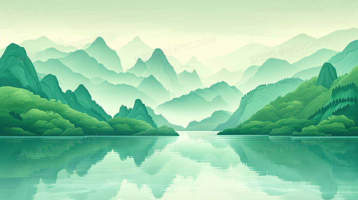 青山绿水自然山水插画背景图片下载_2912x1632像素jpg格式_编号1ygf55