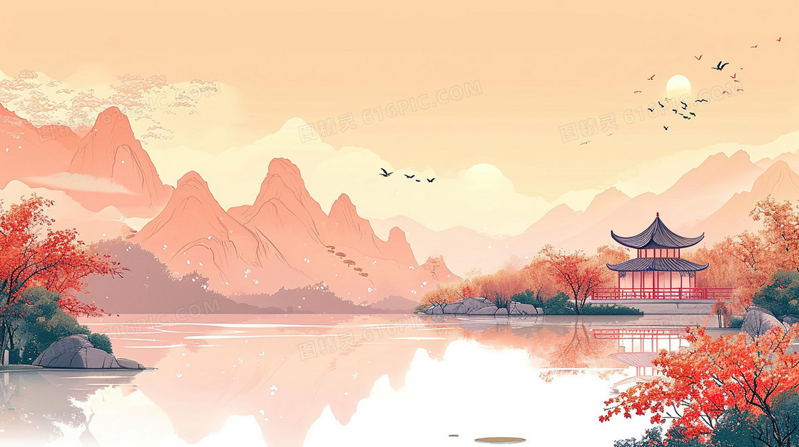 山谷松树林里的凉亭山水插画