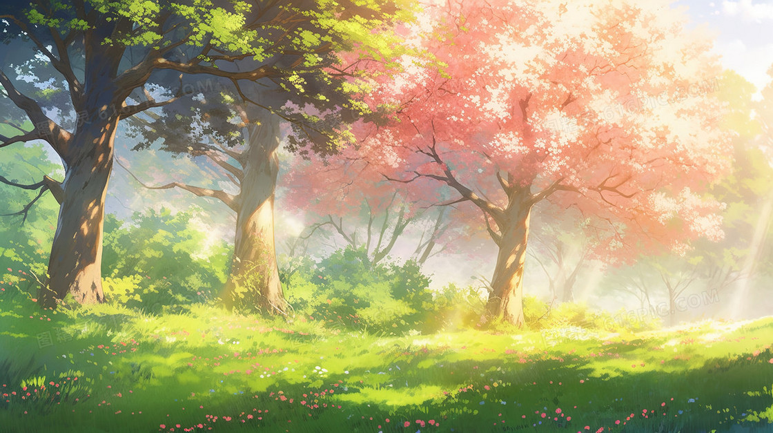 春天阳光下的山林场景插画