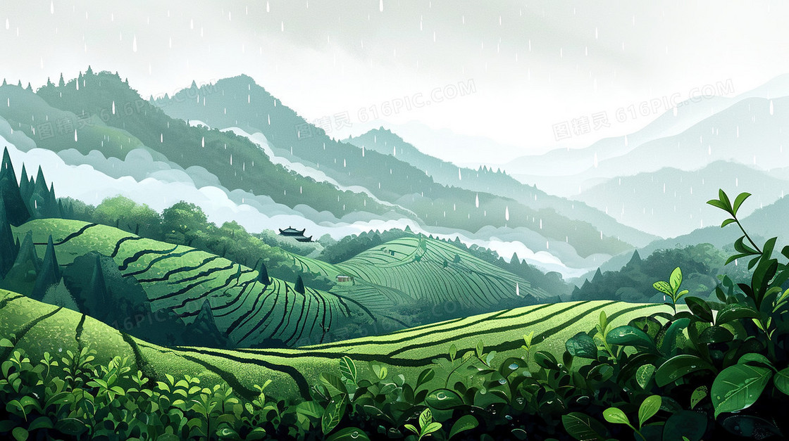 翠绿雨后的茶山风景插画