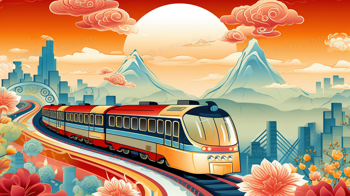 国潮春运铁路交通运输风景创意插画