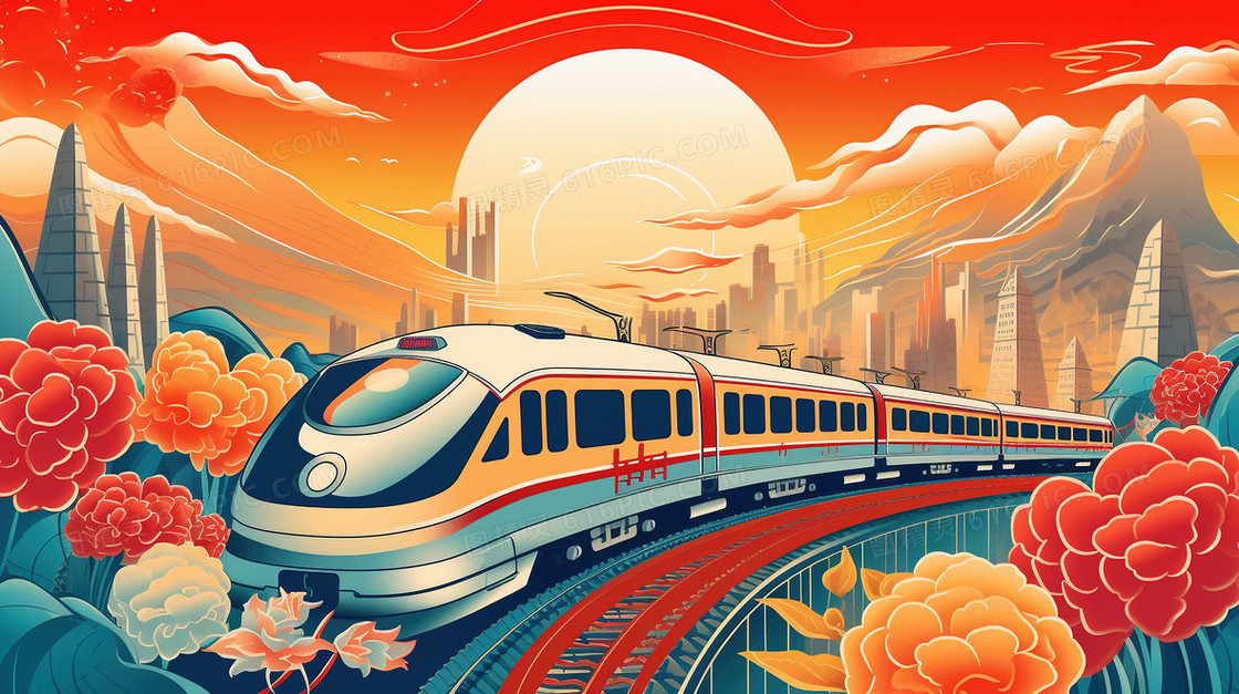 国潮春运铁路交通运输风景创意插画