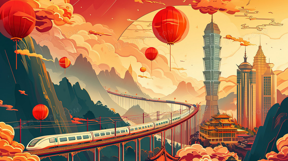 国潮春运铁路交通运输风景创意插画