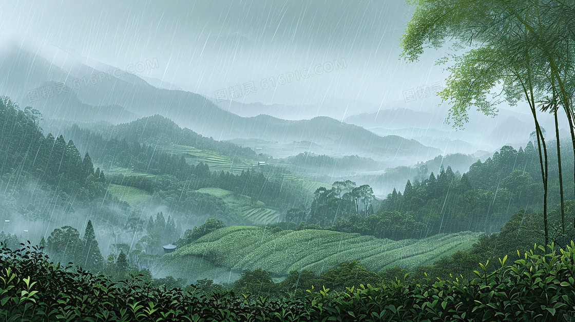 翠绿雨后的茶山风景插画