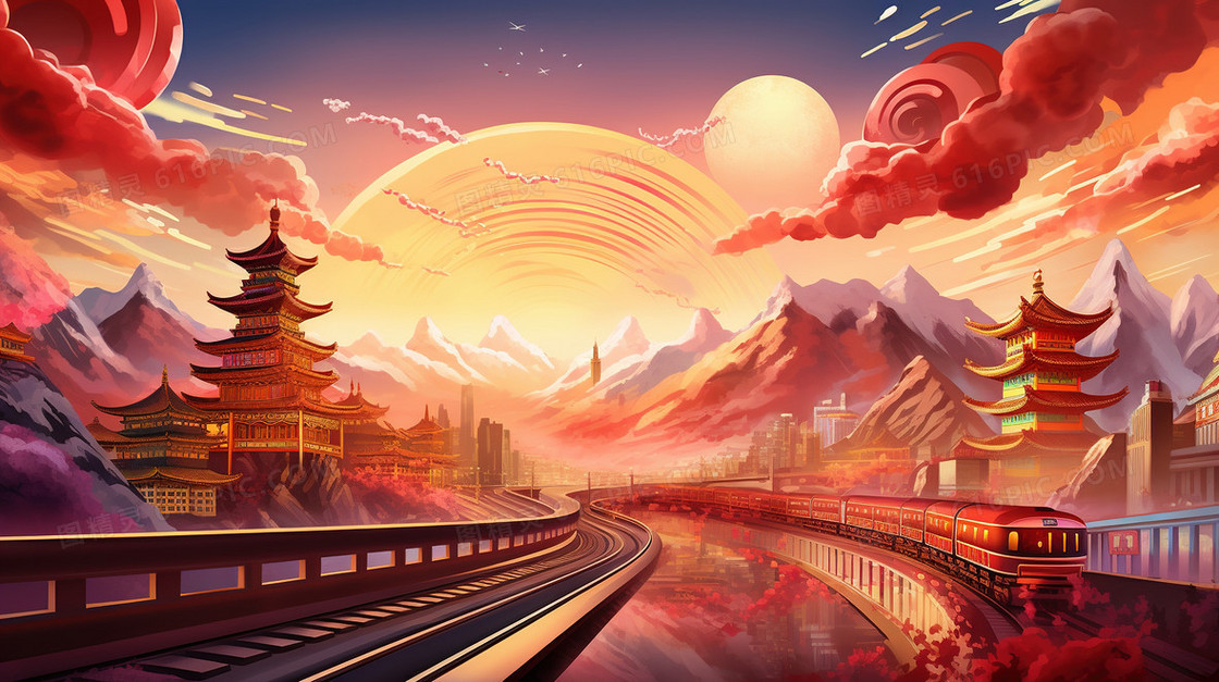 国潮春运铁路交通运输风景创意插画