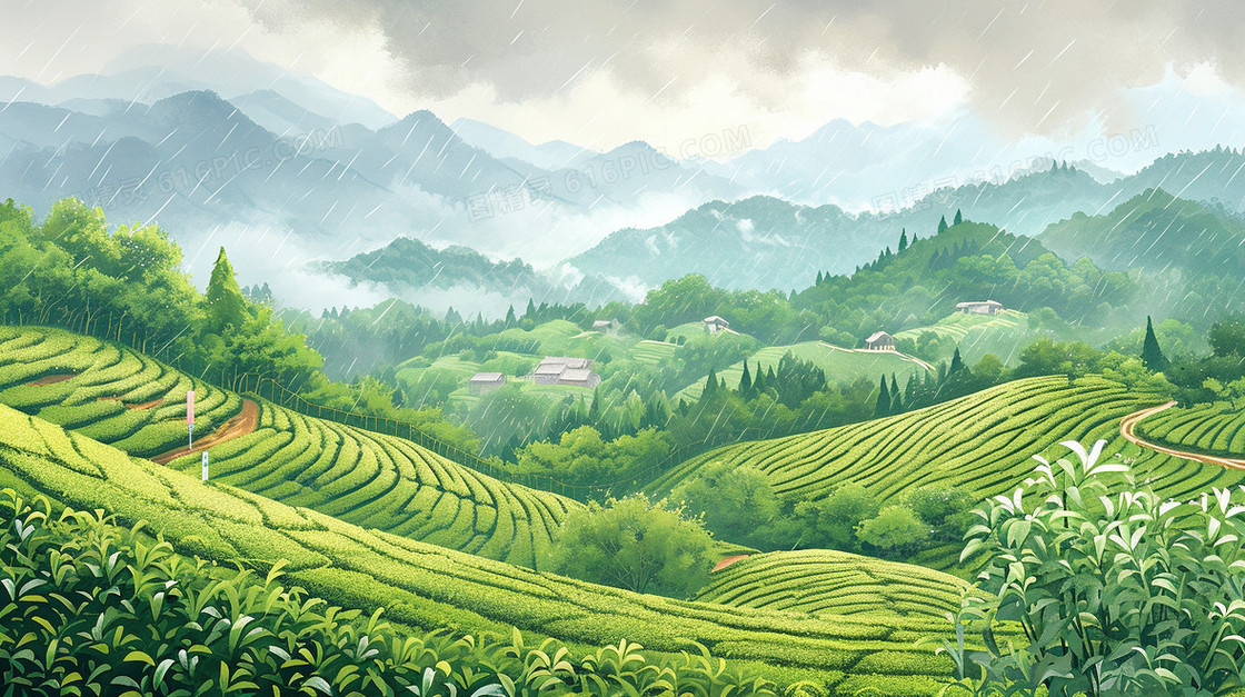 翠绿雨后的茶山风景插画