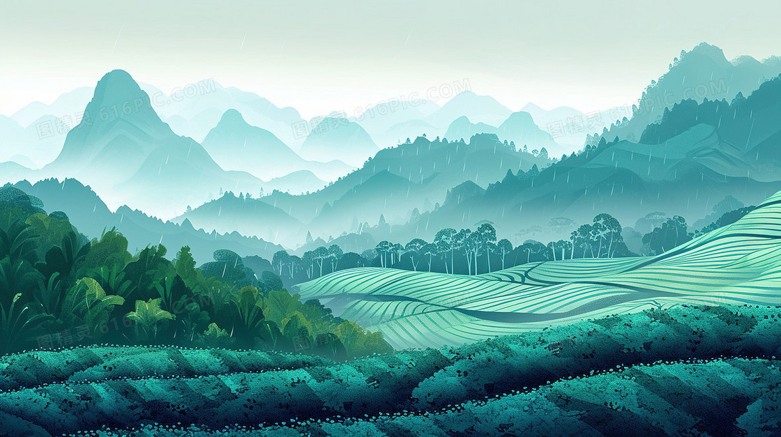 翠绿雨后的茶山风景插画