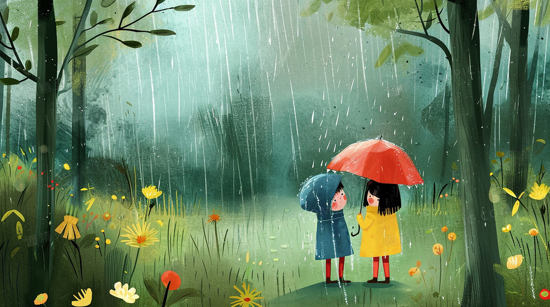 雨中撑着打伞女孩插画