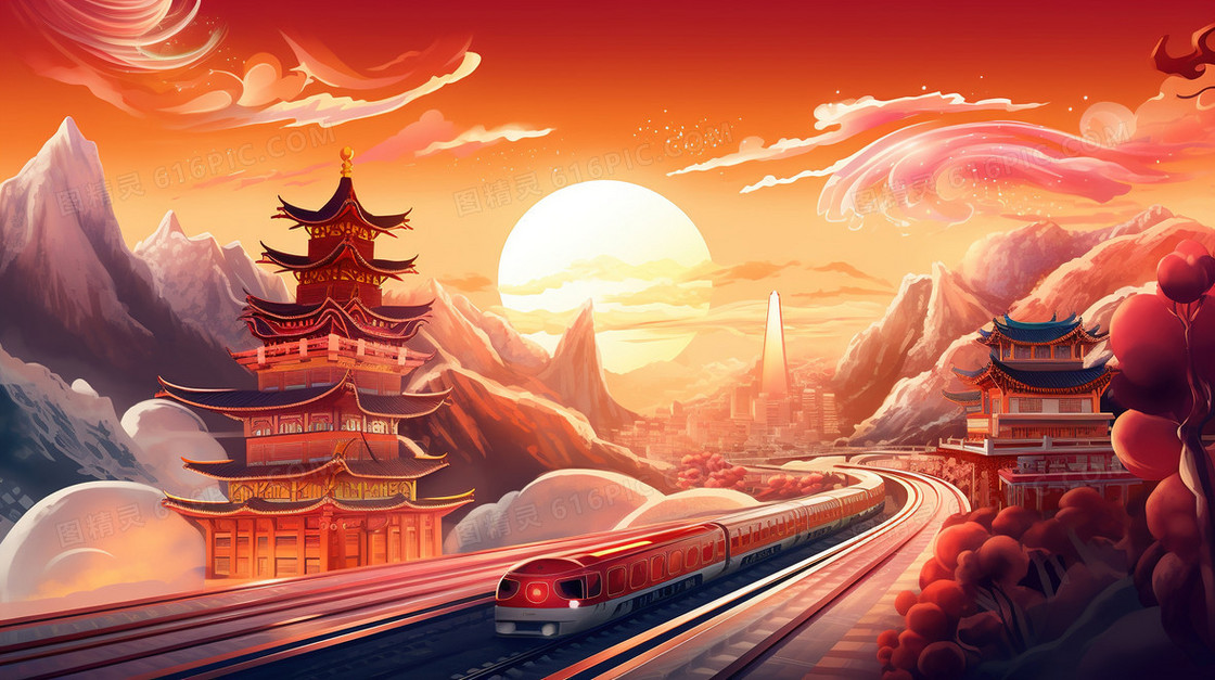 国潮春运铁路交通运输风景创意插画