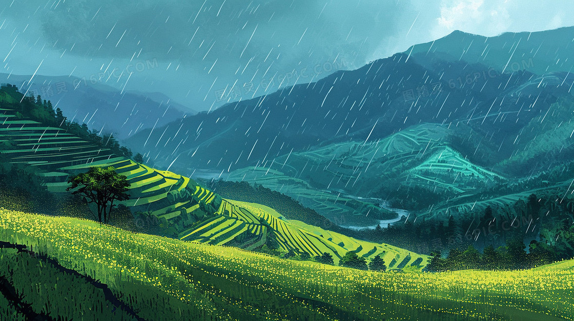 翠绿雨后的茶山风景插画