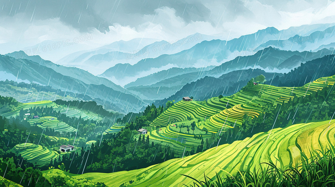 翠绿雨后的茶山风景插画