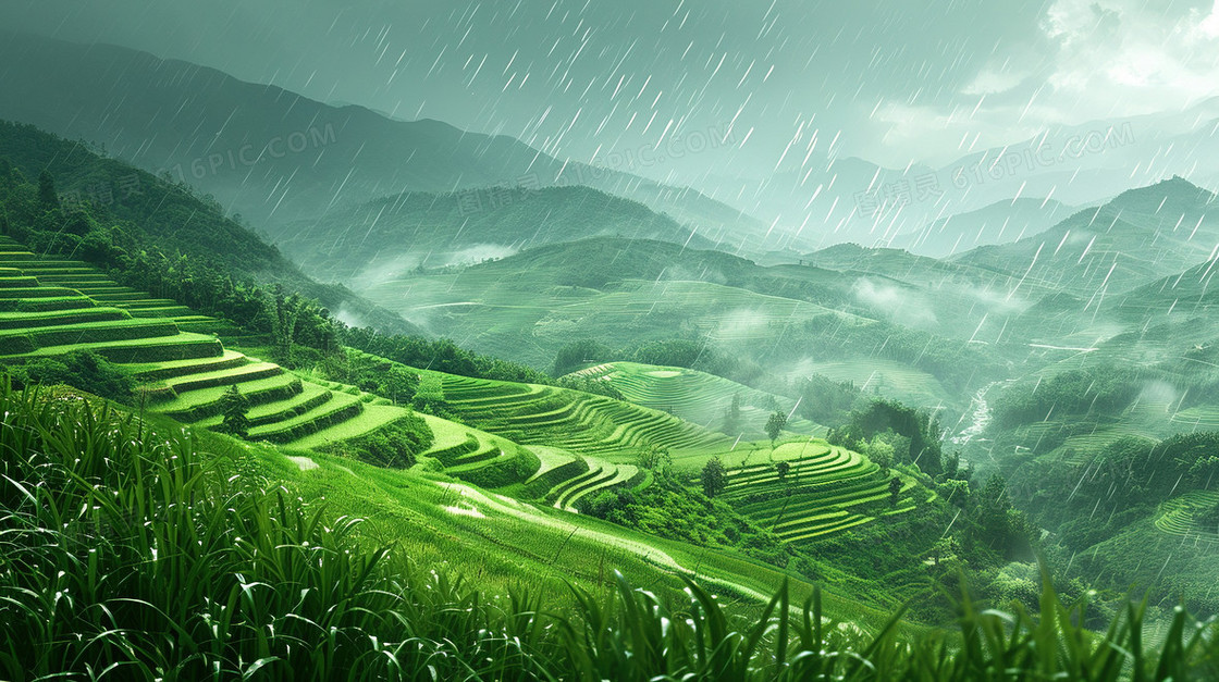 翠绿雨后的茶山风景插画