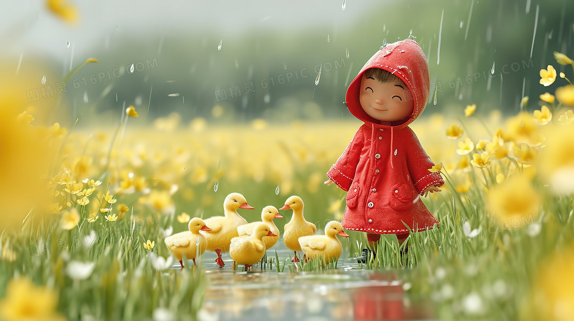 穿着红色雨衣的女孩和小鸭子插画