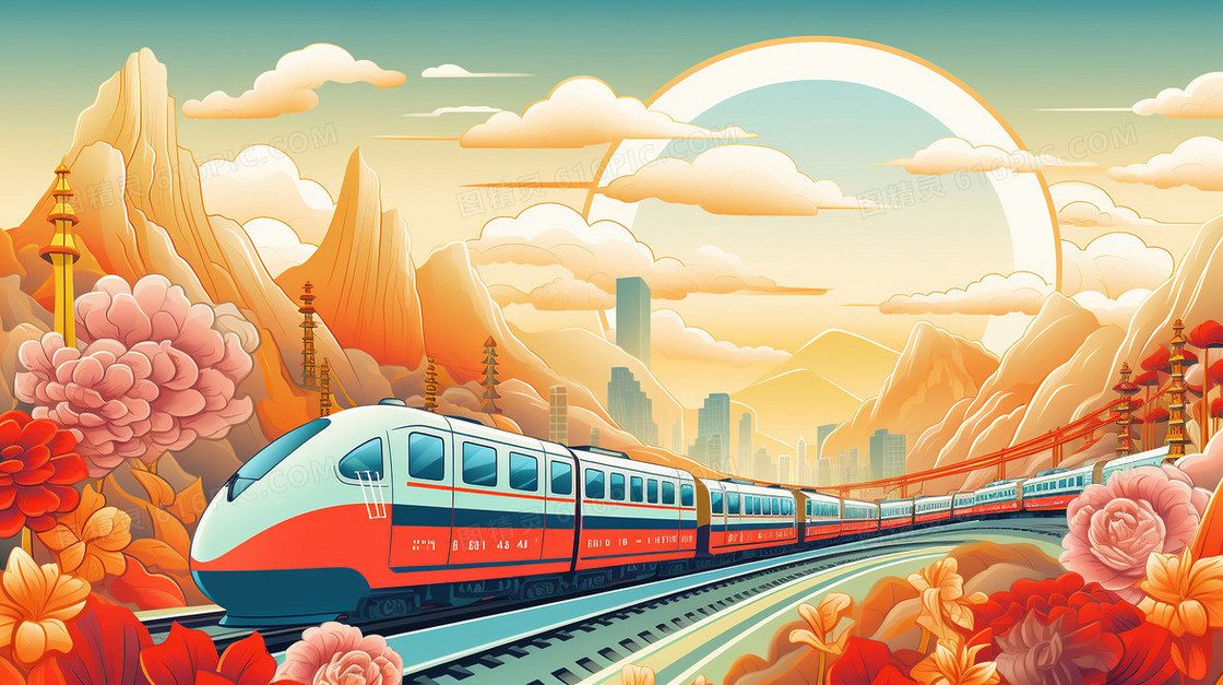 国潮春运铁路交通运输风景创意插画