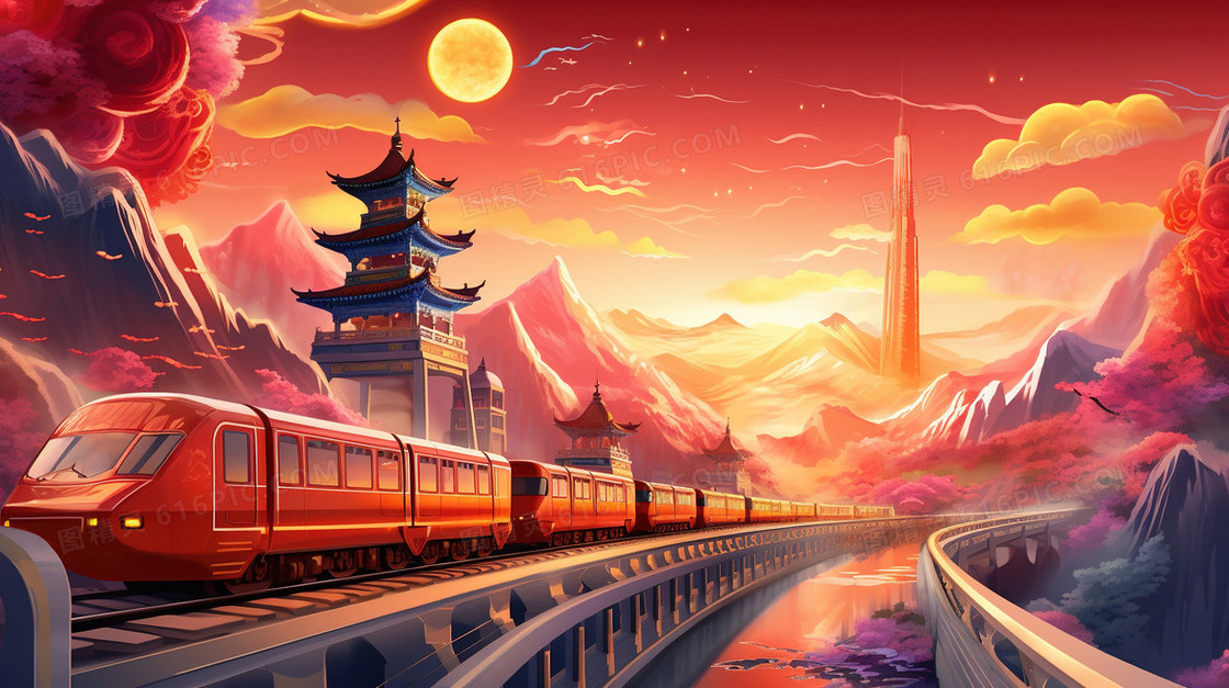 国潮春运铁路交通运输风景创意插画