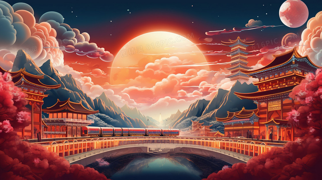 国潮春运铁路交通运输风景创意插画