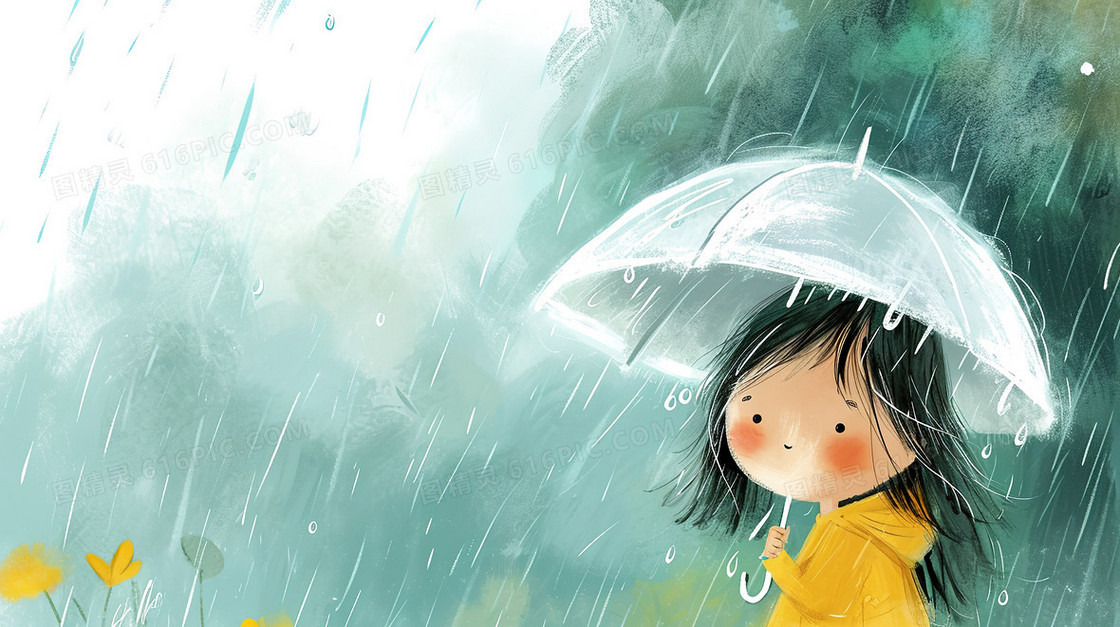 雨中撑着透明雨伞的女孩插画