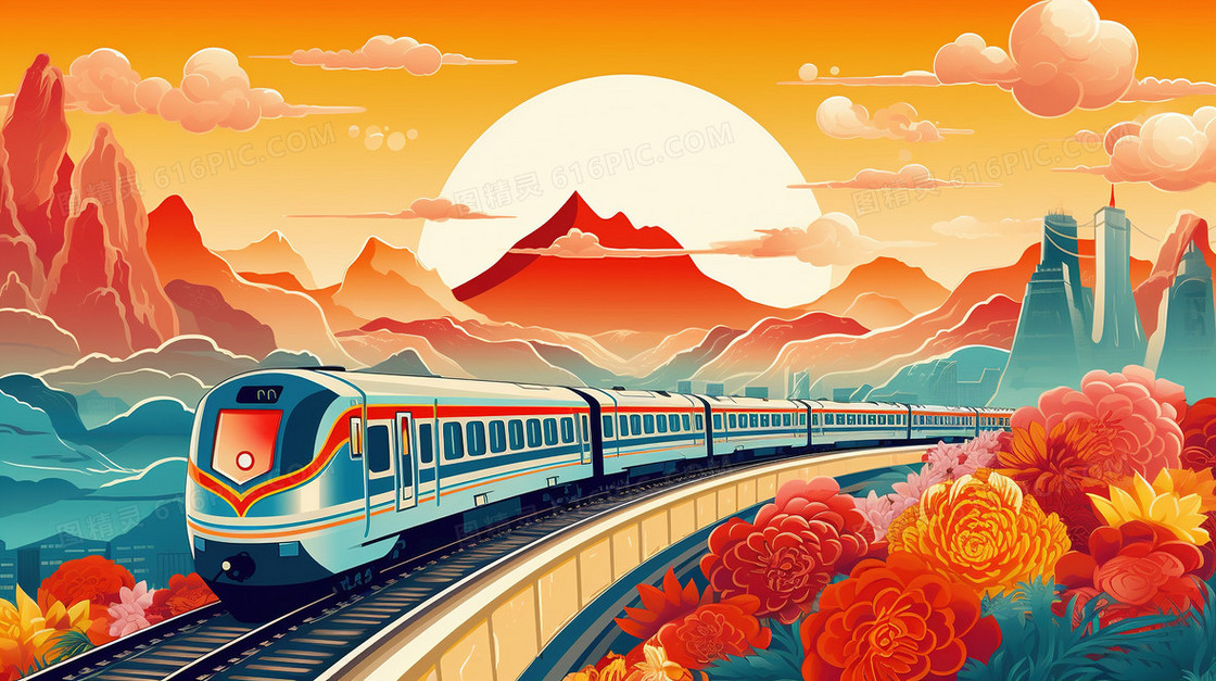 国潮春运铁路交通运输风景创意插画