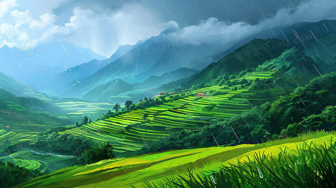 翠绿雨后的茶山风景插画