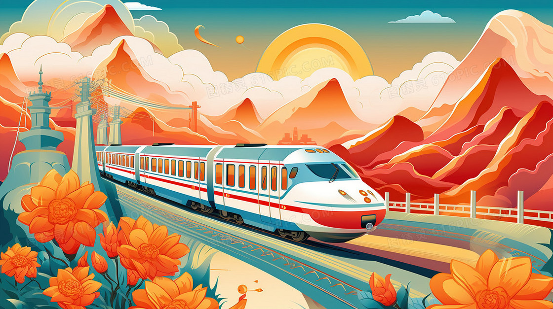 国潮春运铁路交通运输风景创意插画