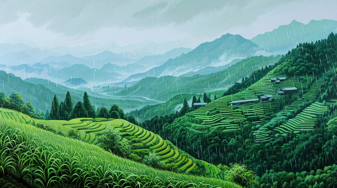 翠绿雨后的茶山风景插画