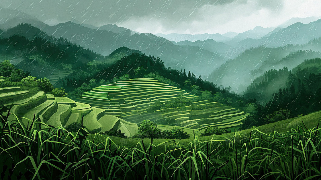 翠绿雨后的茶山风景插画