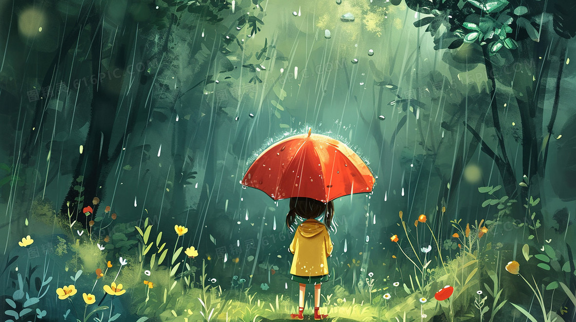 森林雨中撑伞的女孩插画