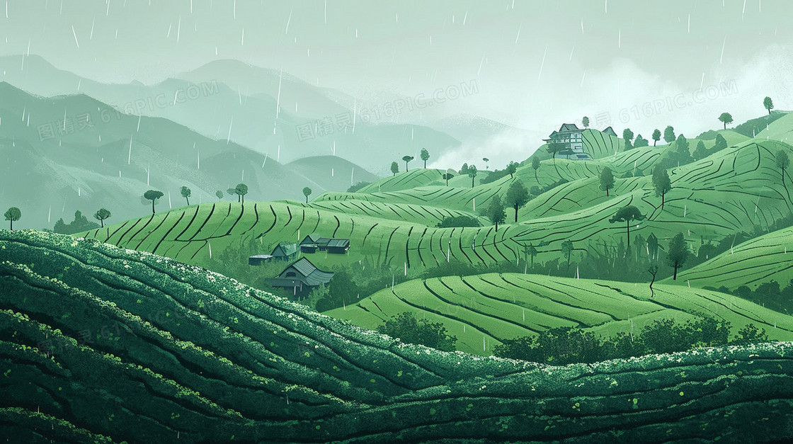 翠绿雨后的茶山风景插画