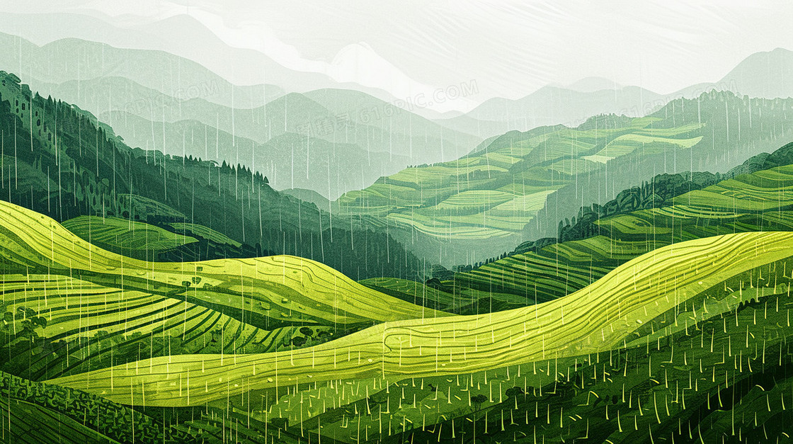 翠绿雨后的茶山风景插画