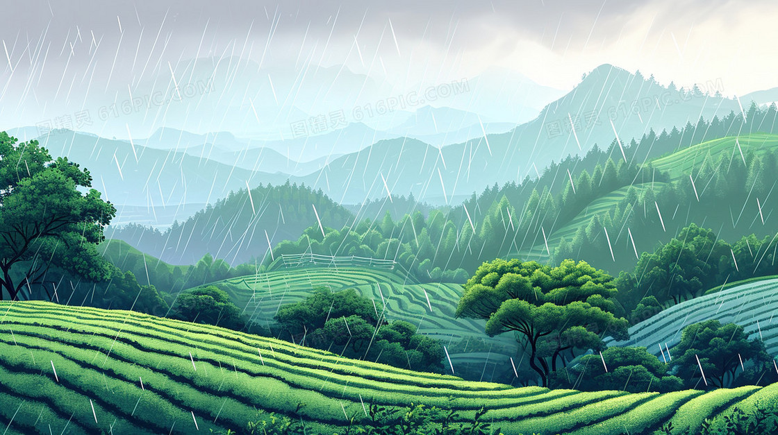 翠绿雨后的茶山风景插画