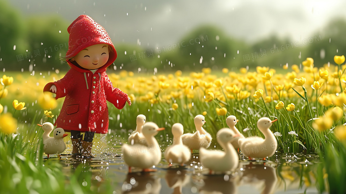 穿着红色雨衣的女孩和小鸭子插画