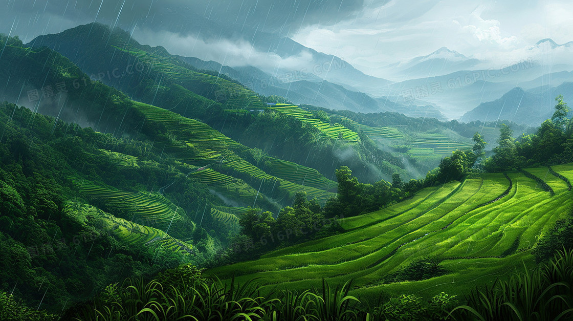 翠绿雨后的茶山风景插画