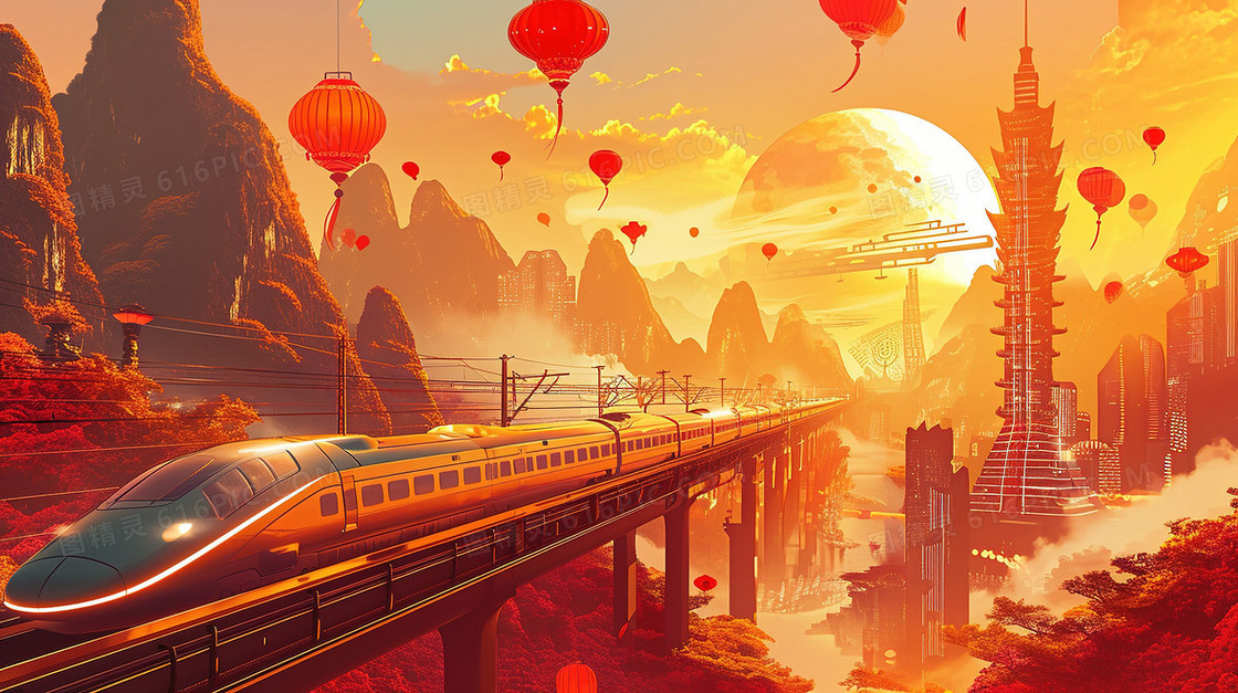 国潮春运铁路交通运输风景创意插画