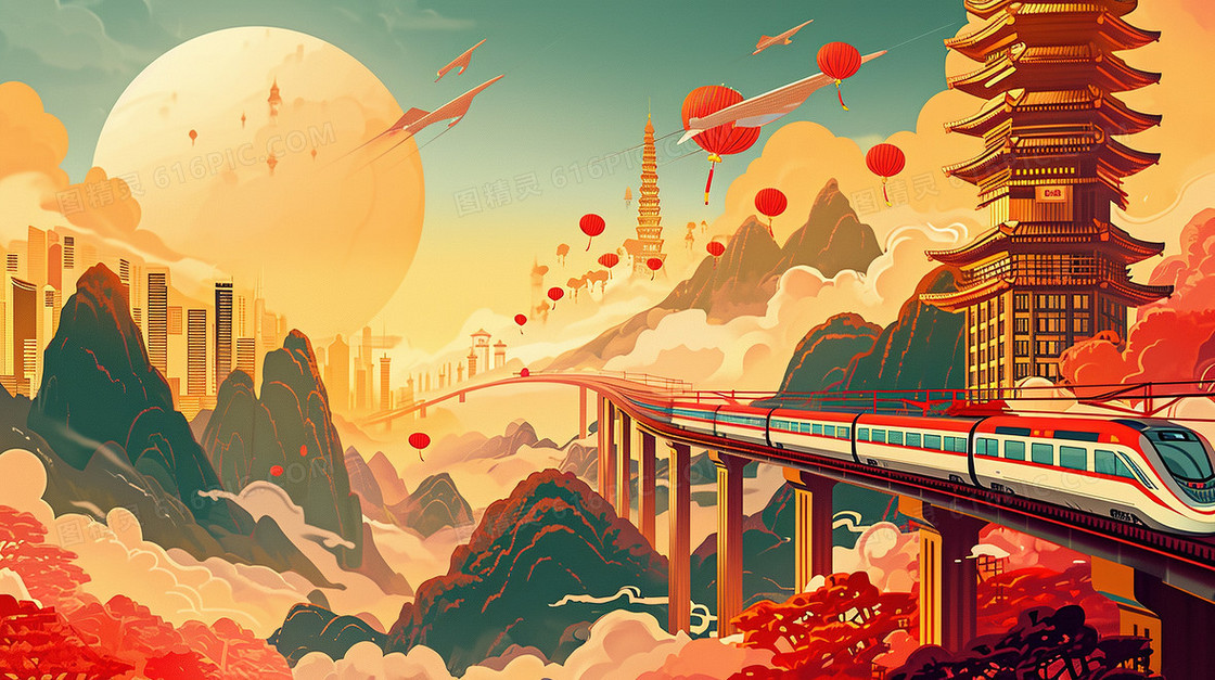 国潮春运铁路交通运输风景创意插画
