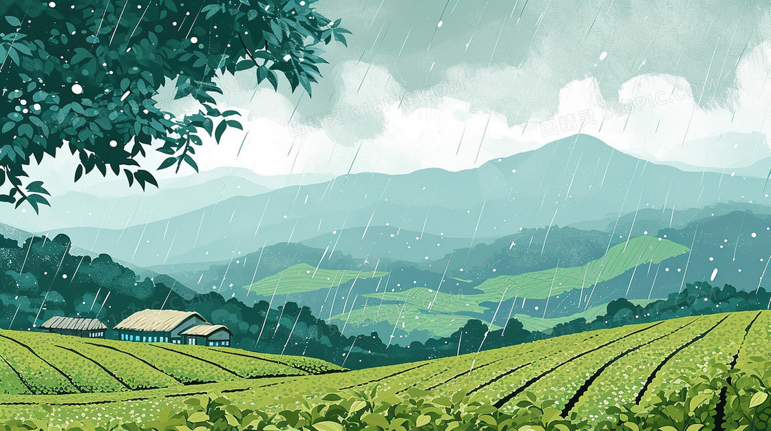 翠绿雨后的茶山风景插画