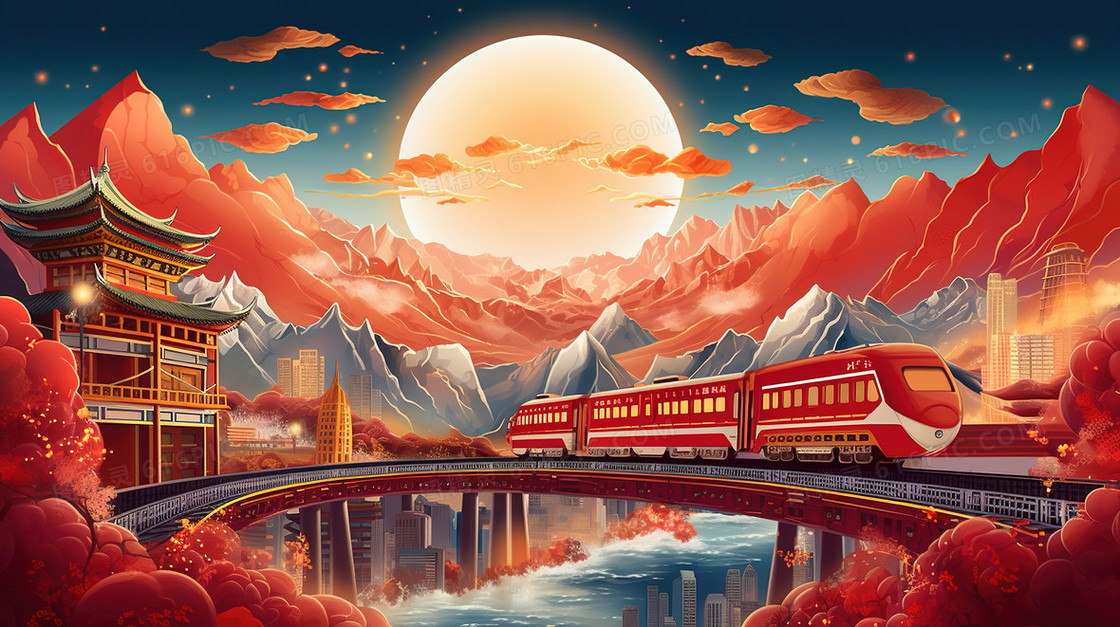 国潮春运铁路交通运输风景创意插画