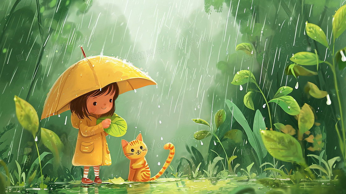雨中撑着打伞女孩和小猫插画