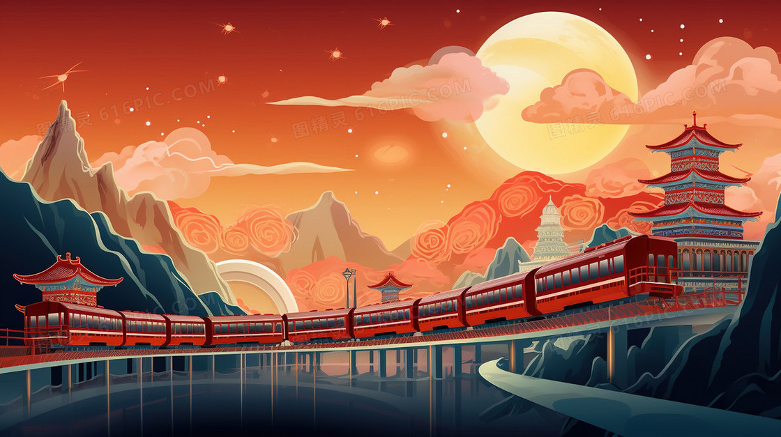 国潮春运铁路交通运输风景创意插画