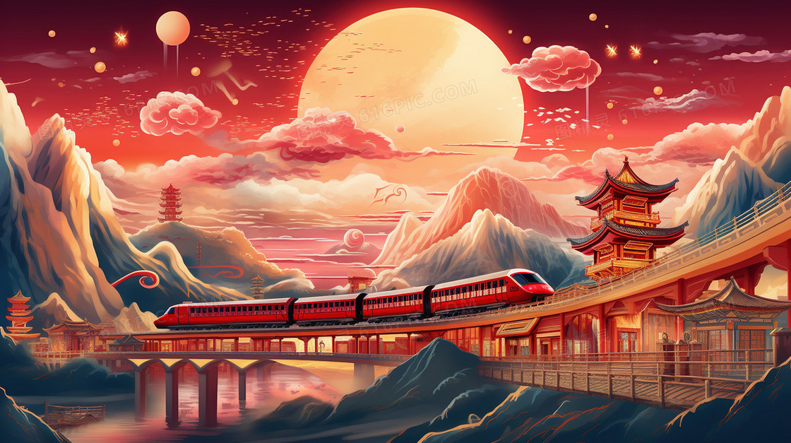 国潮春运铁路交通运输风景创意插画