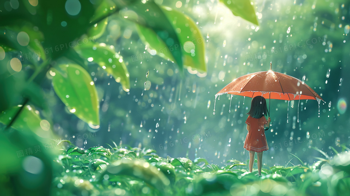 森林雨中撑伞的女孩插画