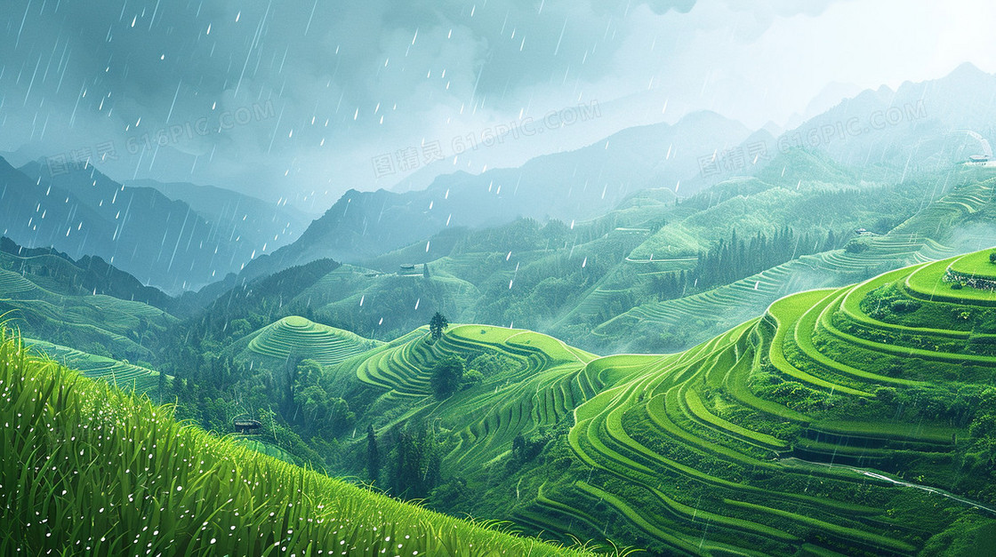 翠绿雨后的茶山风景插画