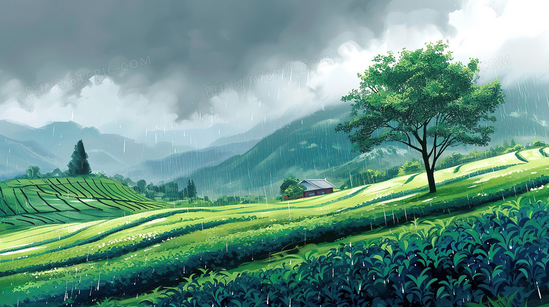 翠绿雨后的茶山风景插画