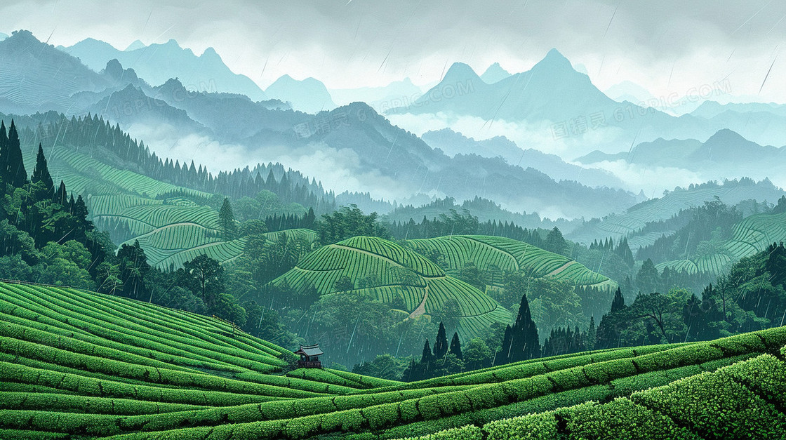 翠绿雨后的茶山风景插画